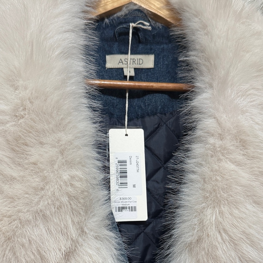 Astrid Denim Trench Coat with Plush Faux Fur Collar - Blue and Cream - Picture 2 of 4